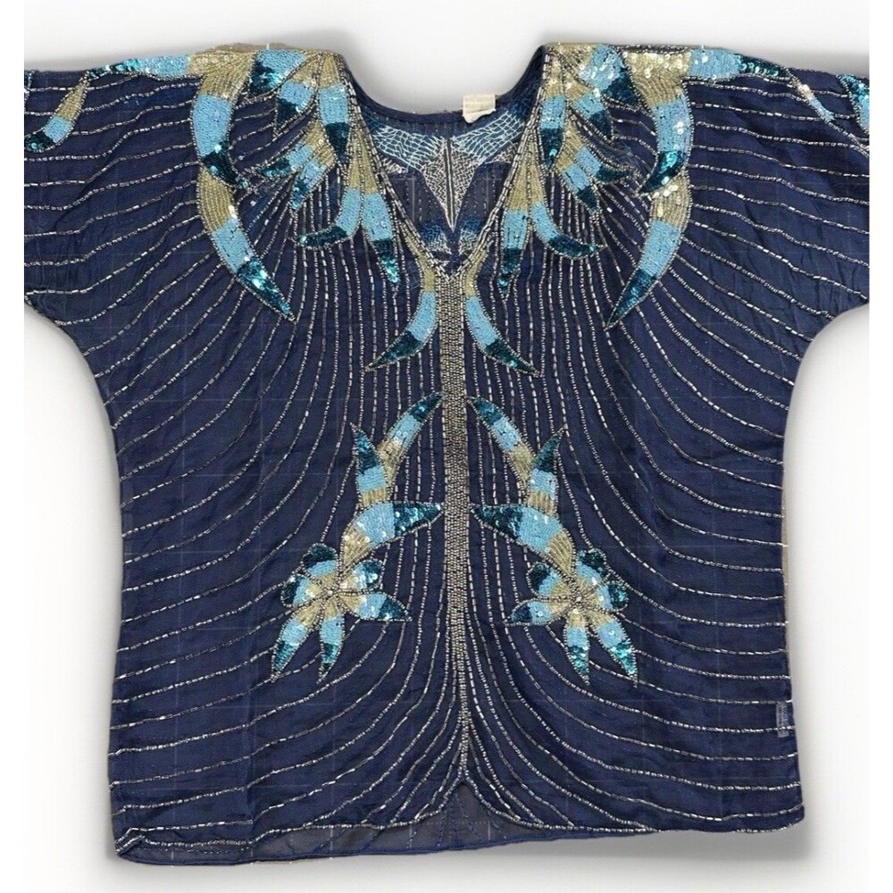 VTG 80s Boho Luxury Beaded Sequin Silk Blouse Blue Butterfly Art Deco Glam Top